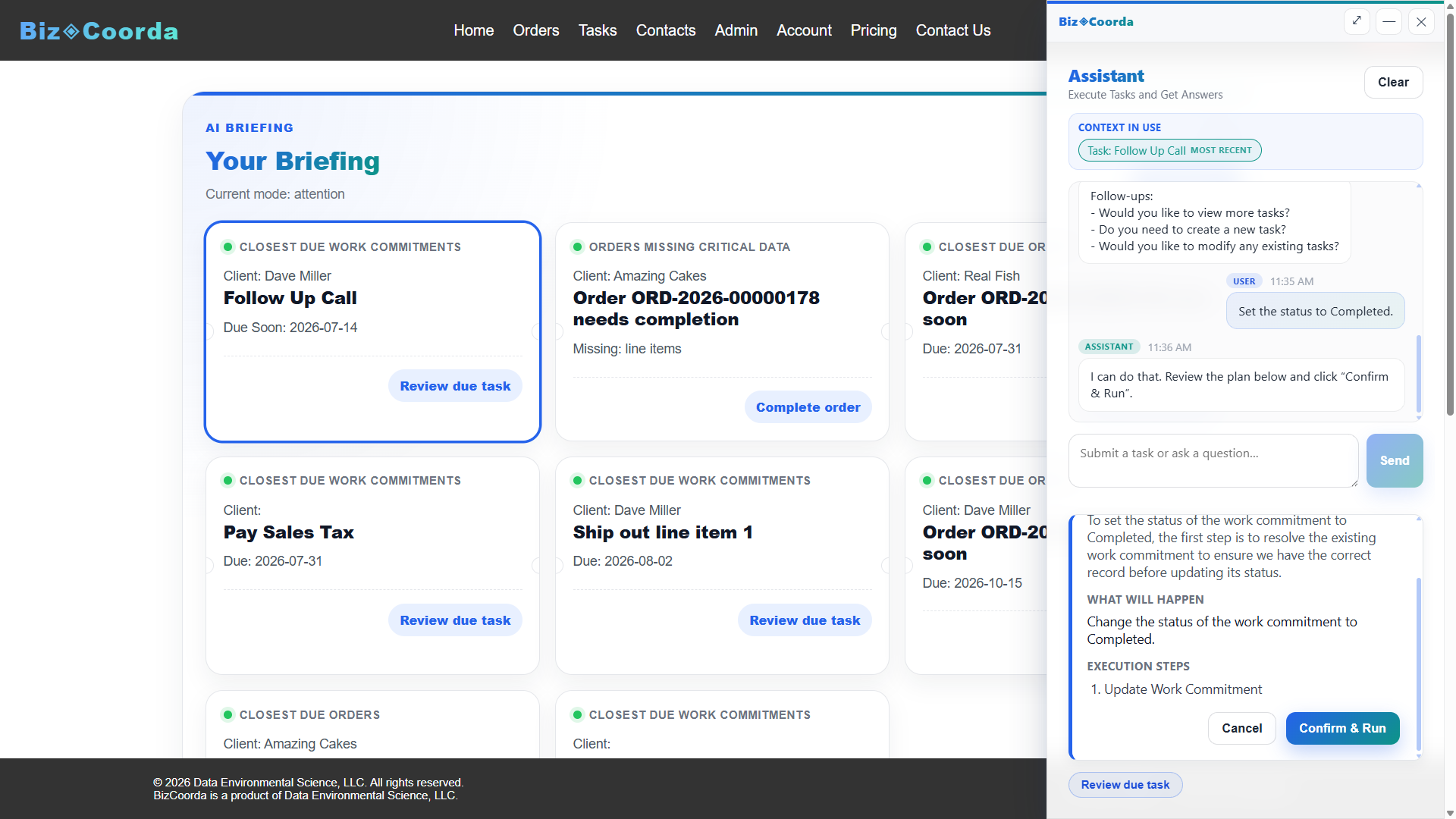 BizCoorda business operations showing a created contact generated by the assistant.